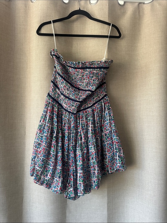 Free People Pants - Free People Floral Smocked Strapless Skort Linen Romper with Navy Trim Sz M NWT